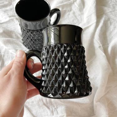 Vintage Pair of Black Diamond Cameo Tiara Coffee Mug | Black Glass Spike Coffee Mugs | Indiana Glass Company 