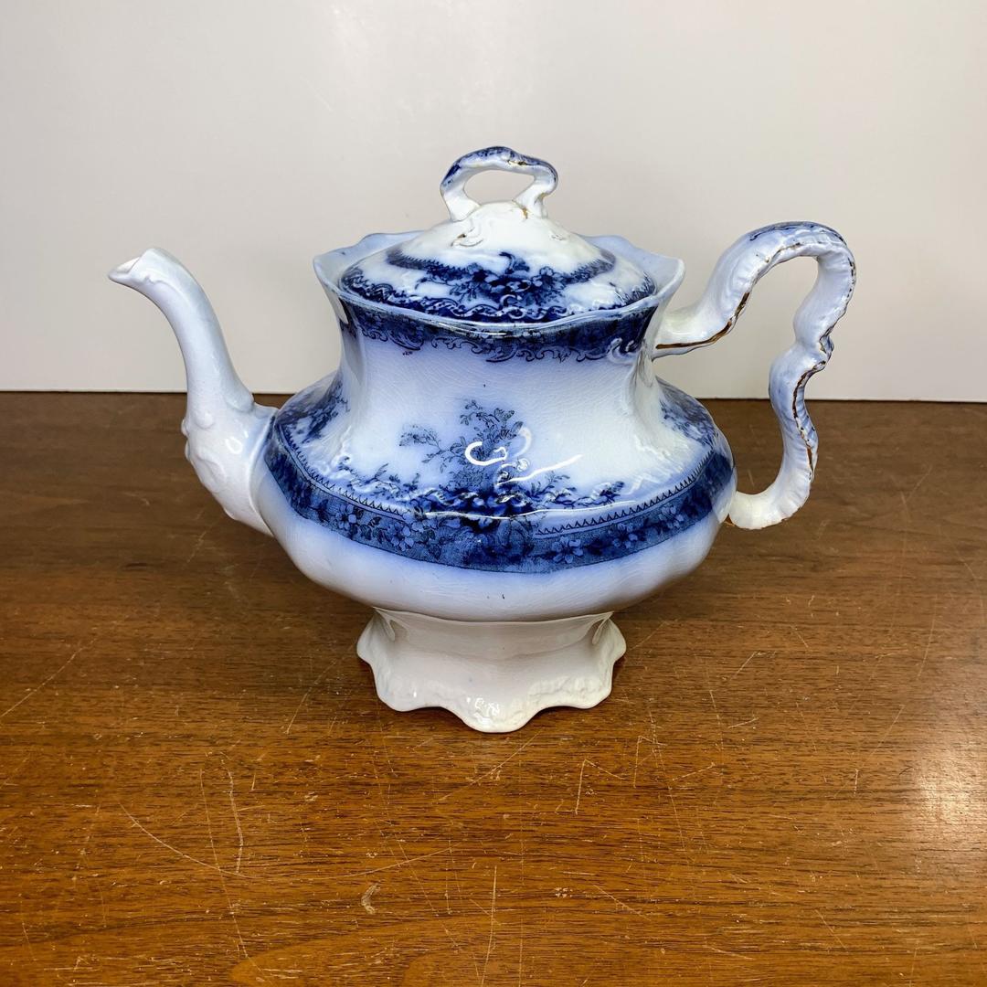 Antique New Wharf Pottery Plymouth Flow Blue Teapot Transferware RARE ...