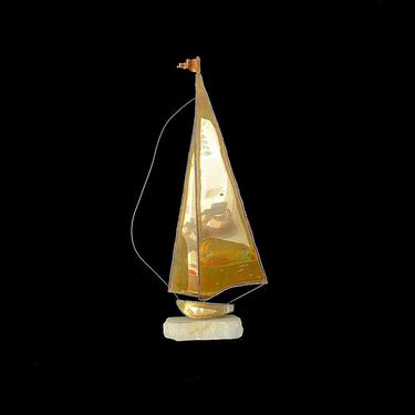Vintage 1970s Modern Art Brass 21.5&amp;quot; Tall Sailboat Sculpture with White Onyx Stone Base by artist DeMott 