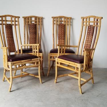 McGuire Style Hight Back Bamboo and Leather Pagoda Dining Chairs - Set of 4. 