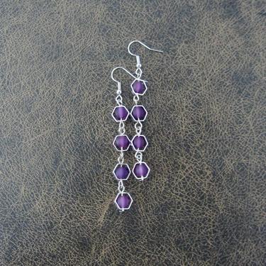 Long sea glass earrings, bohemian beach earrings, bold earrings, boho earrings, purple dangle earrings, geometric hexagon earrings, artisan2 