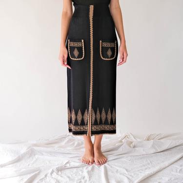 Vintage 60s 70s Black High Waisted Wool Blend Knit Pencil Skirt w/ Tan Geometric Design & Pockets | Bohemian | 1960s 1970s Boho Wiggle Skirt 