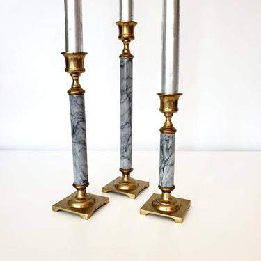 Vintage Brass &amp; Faux Marble Candle Stick Holder Set 