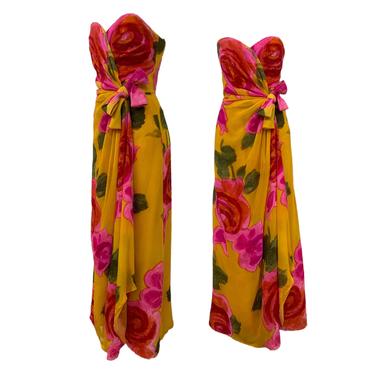 Vtg Vintage 1990s 90s Scaasi Boutique Burnout Velvet Water Color Floral Gown 