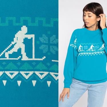 Vintage Ski Sweatshirt 80s Graphic Sweatshirt Winter Sweatshirt Sports Retro Sweatshirt Raglan Sleeve Turquoise Blue Large 