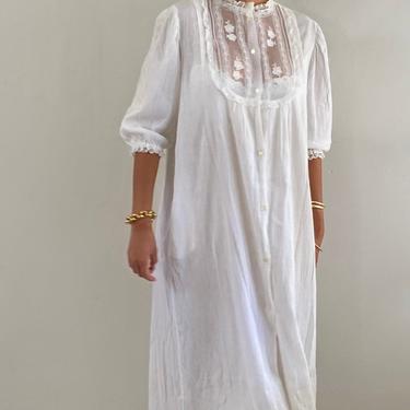 80s cotton gauze dress / vintage white semi sheer cotton crinkle gauze button front prairie ruffle yoke nightgown maxi lounge dress | M L 