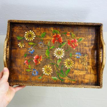 Vintage wood serving tray with handles 14&quot;x9.5&quot; rustic cottagecore decor, small handmade woodburned floral platter for boho kitchen display 
