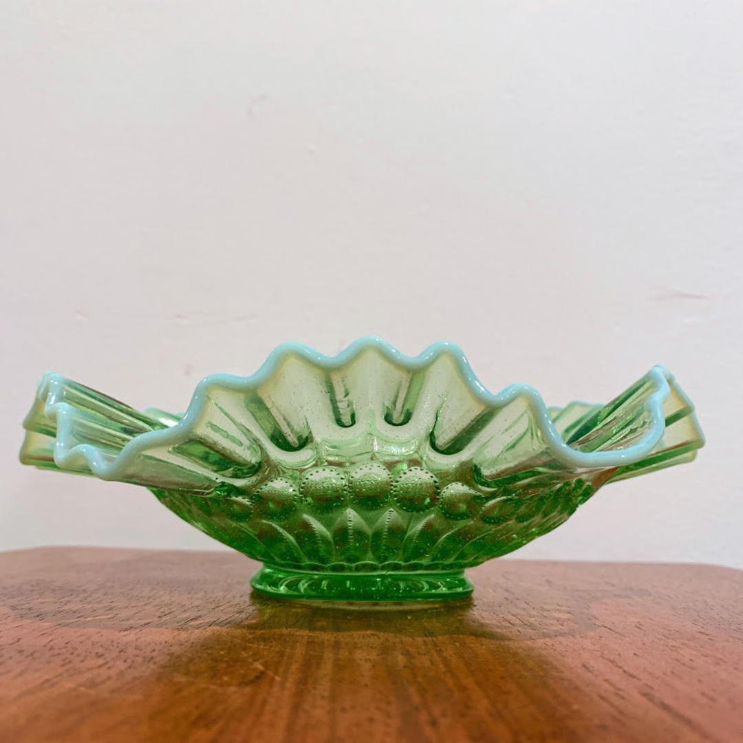 Antique Jefferson Glass Opalescent Green Barbells 8 1/2 Bowl Over the