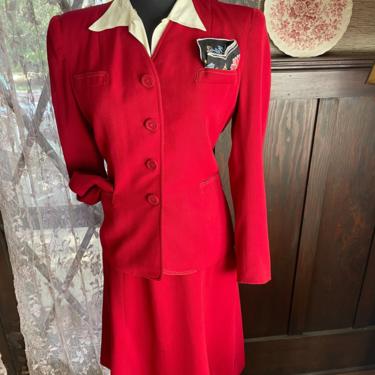 Vintage 1940s 2 Piece Cranberry Jacket Skirt Suit Set - Medium 