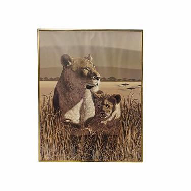 80’s Safari Print by Larry Jacobsen, MCM Safari Lions Wall Art, Safari Litho, Mid Century Poster 