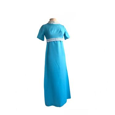 Vintage 60s aqua turquoise blue maxi dress| white floral lace neck and belt trim 