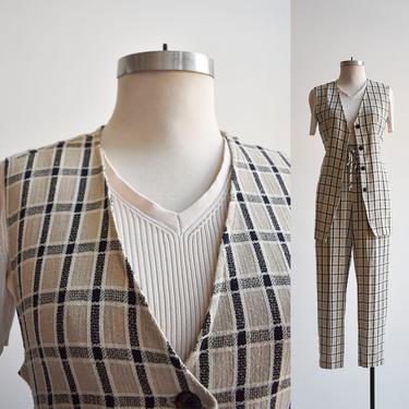 90s Plaid Linen 2pc Outfit Slacks & Vest 
