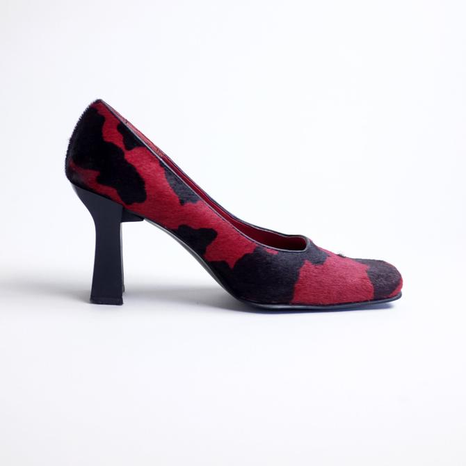 Cow Print Heels, Vintage Pony Hair Pumps, Square Toe Block