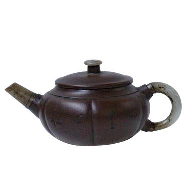 Chinese Zisha Clay Medium Brown Jade Stone Handle Teapot Display Art ws998E 