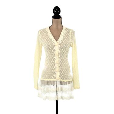 Romantic Knit Cardigan with Lace Hem, Ivory Cream Button Up Sweater, Dressy Feminine Boho Clothing for Women Size Small 