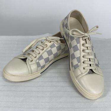 Louis Vuitton Damier Azur Womens Cream Leather Sneakers Gold Hardware 8 1/2