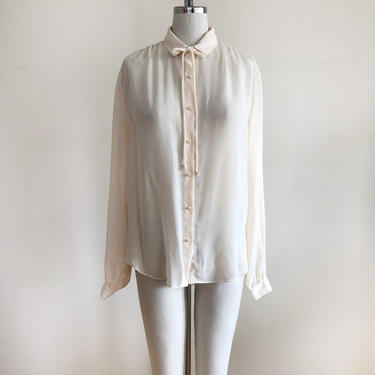 Sheer, Cream-Colored Blouse with Narrow Neck-Tie and Pearl Buttons - 1980s 
