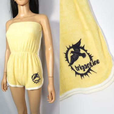 Vintage 70s Pastel Yellow Terry Cloth Brigantine Beach Romper Size M 
