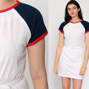 70s Tennis Dress Mini White Ringer Dress Short Raglan Sleeve 80s Stranger Things Outfit High Waist Vintage Preppy Teena Paige Extra Small xs 