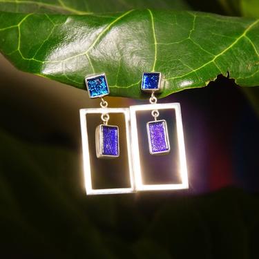 Vintage Modernist Sterling Silver Art Glass Pierced Dangle Earrings, Geometric Open Frames, Vibrant Blue Foil Glass, 925 Earrings, 1 5/8&amp;quot; L 