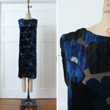 vintage 1920s silk velvet burnout dress • luscious blue &amp; black silk devoré floral flapper dress 