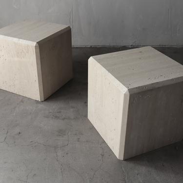 Post-Modern Travertine Cube Side Tables 