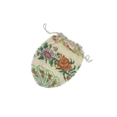 Antique 1910s 1920s Micro-Beaded Reticule Purse, Floral Evening Bag, Edwardian/Flapper Drawstring Pouch 