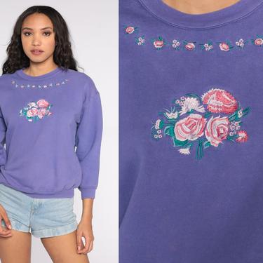 Embroidered Floral Sweatshirt 80s Sweater Purple Slouchy 1980s Pullover Vintage Cozy 90s Loungewear Medium 