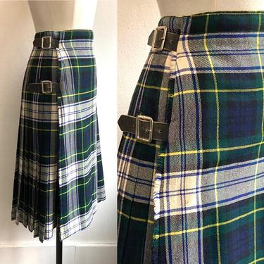 Classic Vintage TARTAN PLAID PLEATED Skirt / Leather Buckles + Fringe / Made in Scotland 