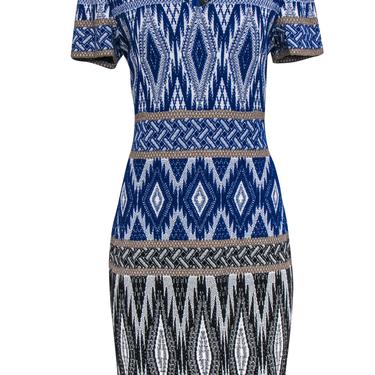 St. John - Blue, White &amp; Gold Print Short Sleeve Knit Dress Sz 10