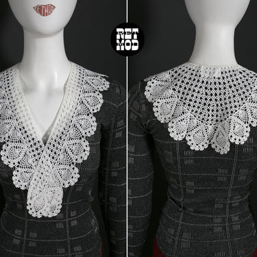 Sweet Large Statement Vintage 70s 80s White Crochet Detachable V-Neck Collar 