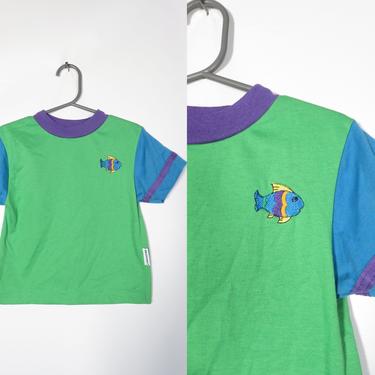 Vintage 90s Kids Fish Patch Color Block Healthtex Tshirt Made In USA Size 2T 