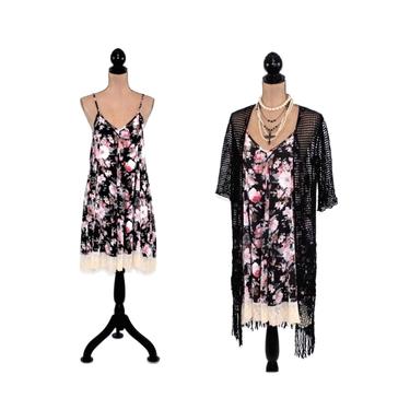 Pink & Black Print Floral Grunge Babydoll Sundress Boho Spaghetti Strap Romantic Flowy Summer Dress Women Clothes Bohemian Hippie Lace Hem 
