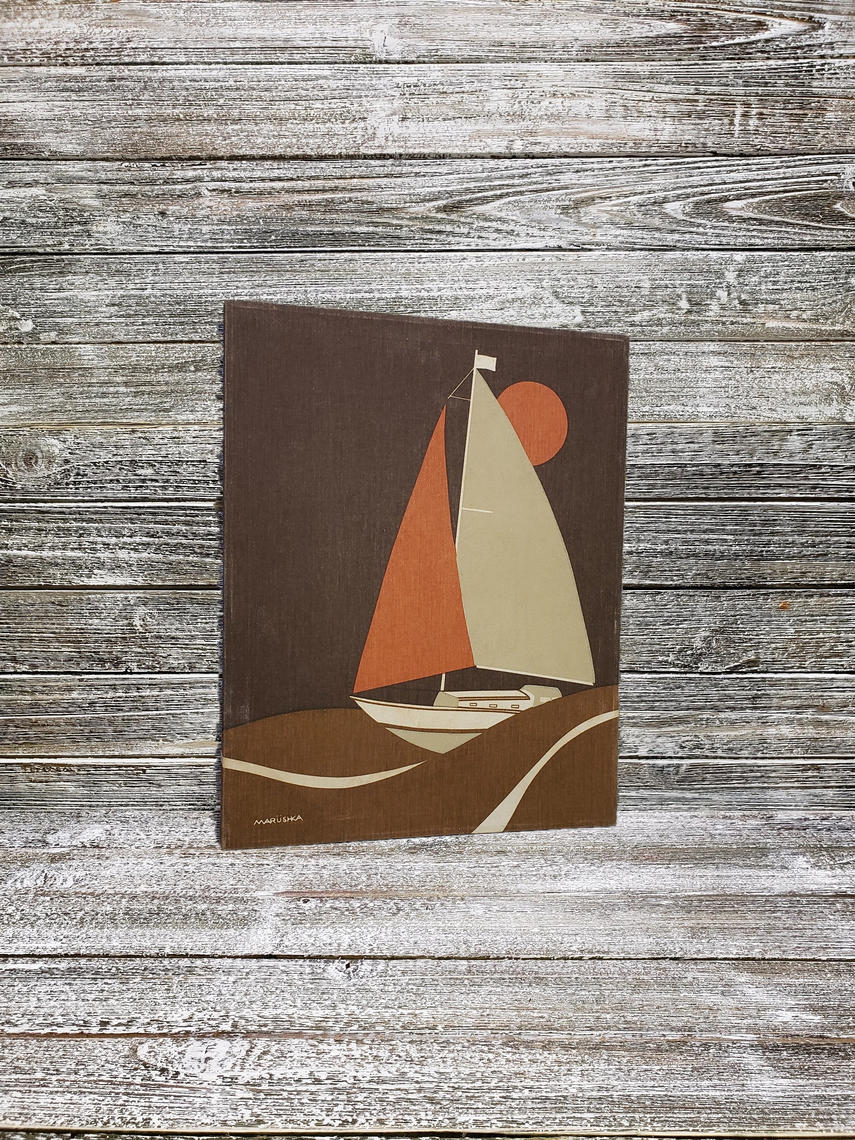 Vintage Sailboat Latch Hook Tapestry Wall Hanging / 1970's Mid