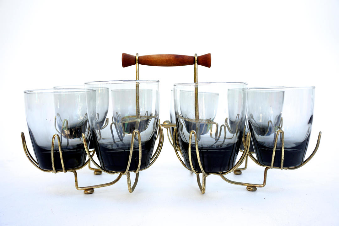 MidCentury Modern 9Piece Barware Set Gray Glass Double Old Fashion Electric Marigold