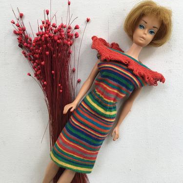 60's Vintage Barbie Spectator Sport Fashion Pak Knit Dress, Multicolored Striped Dress With Red Fringe, Sleeveless Off The Shoulder 