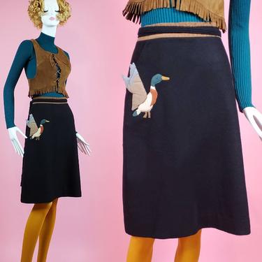 Vintage 60s wool wrap-around skirt with a pillowed duck on the pocket. By Crabtree. (Size S) 