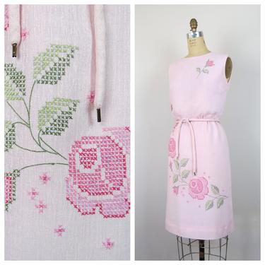 Vintage 1960s hand embroidered dress, cross stitch, rose print, floral, spring fashion, size small 