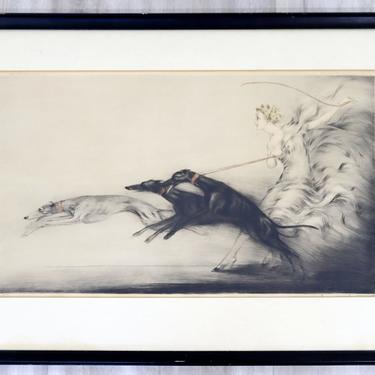 Antique Art Deco Framed Etching of a Woman &amp; Greyhounds Signed Louis Icart 1927 