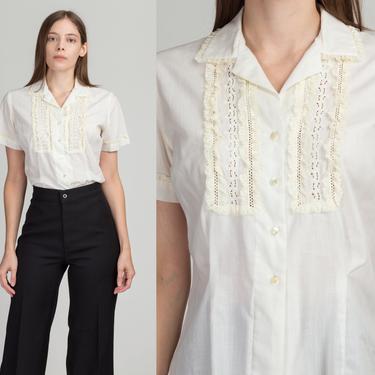 60s White Cropped Lace Trim Blouse - Medium | Vintage Judy Bond Collared Button Up Short Sleeve Top 