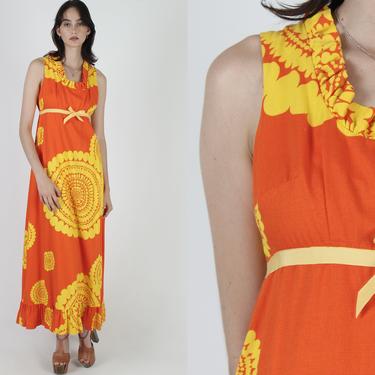 Medallion Print Maxi Dress / Vintage 70s Hawaii Resort Wear Dress / Tropical Vacation Tiki Party Dress / Womens Long Cotton Dress 