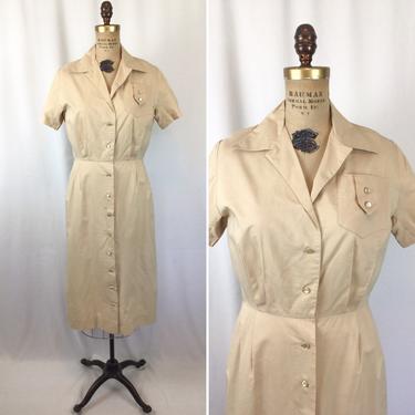 Vintage 50s dress | Vintage beige cotton uniform dress | 1950s Mayflower button front shirt dress 