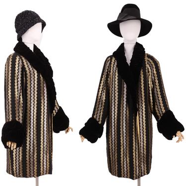 20s Lamé Art Deco opera coat / vintage 1920s SONIA ROSENBERG black &amp; gold metallic velvet trim flapper coat / antique rare 