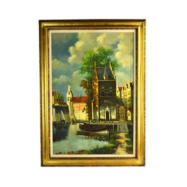 Large Vintage EJ Smit Oil Painting Dutch Canal Houses and Sailboats 