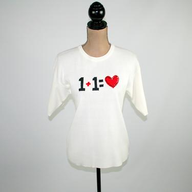80s Novelty Sweater, Short Sleeve White Knit Top with Appliqued Heart & Math Love, 1980s Clothes Women Small Medium, Vintage Clothing Lucia 