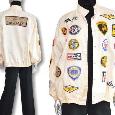 Vintage Jacket with Sports Car Patches Unisex Linen Race Cars Bomber 