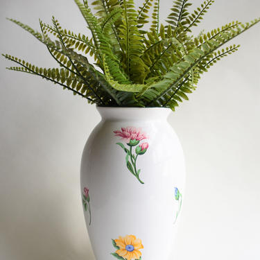 Tiffany &amp; co. Porcelain Vase made in Portugal | White with Yellow and Pink Flowers with Forest Green Trim 