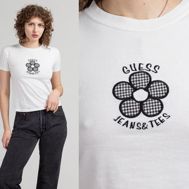 Vintage Guess Jeans & Tees Crop Top Tee - Extra Small | 90s White Flower Logo Cropped T Shirt 