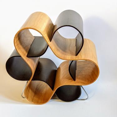 Walnut/Birch Wine Rack 6 Bottle 1 Magnum Mint Wine Knot Woven Bent Wood Holder Countertop Minimalist Danish Modern Design Wine Storage   ExC 