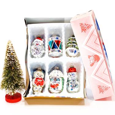 VINTAGE: Thick Glass Figural Ornaments in Box - Santa, Drum, Tree, Bear, Birdcage, Snowman - SKU 26 27-B-00013238 